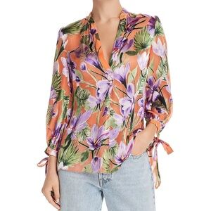ALICE + OLIVIA, SHEILA BLOUSON-SLEEVE FLORAL BURNOUT TOP IN ORANGE. Size M
